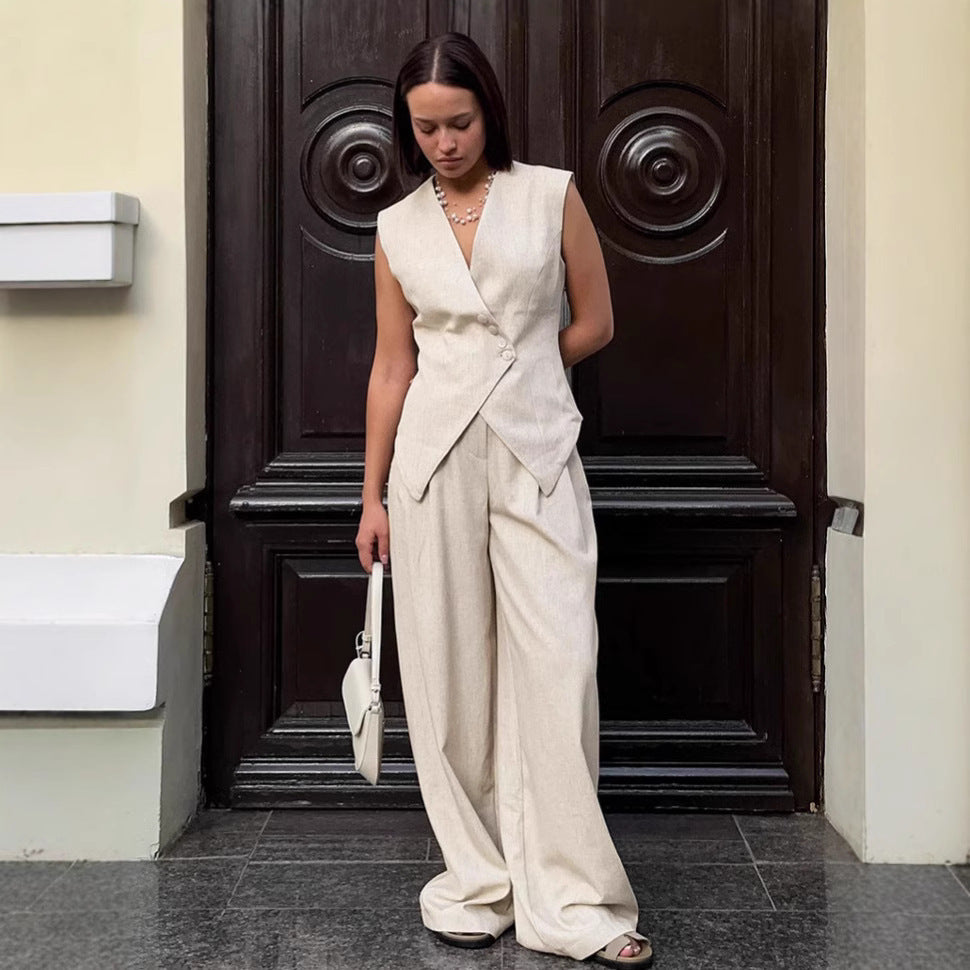 Women's Two-piece Cotton And Linen Wide-leg Pants