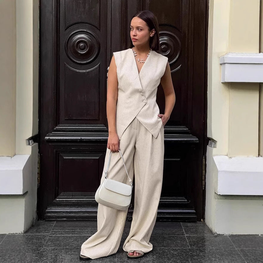 Women's Two-piece Cotton And Linen Wide-leg Pants