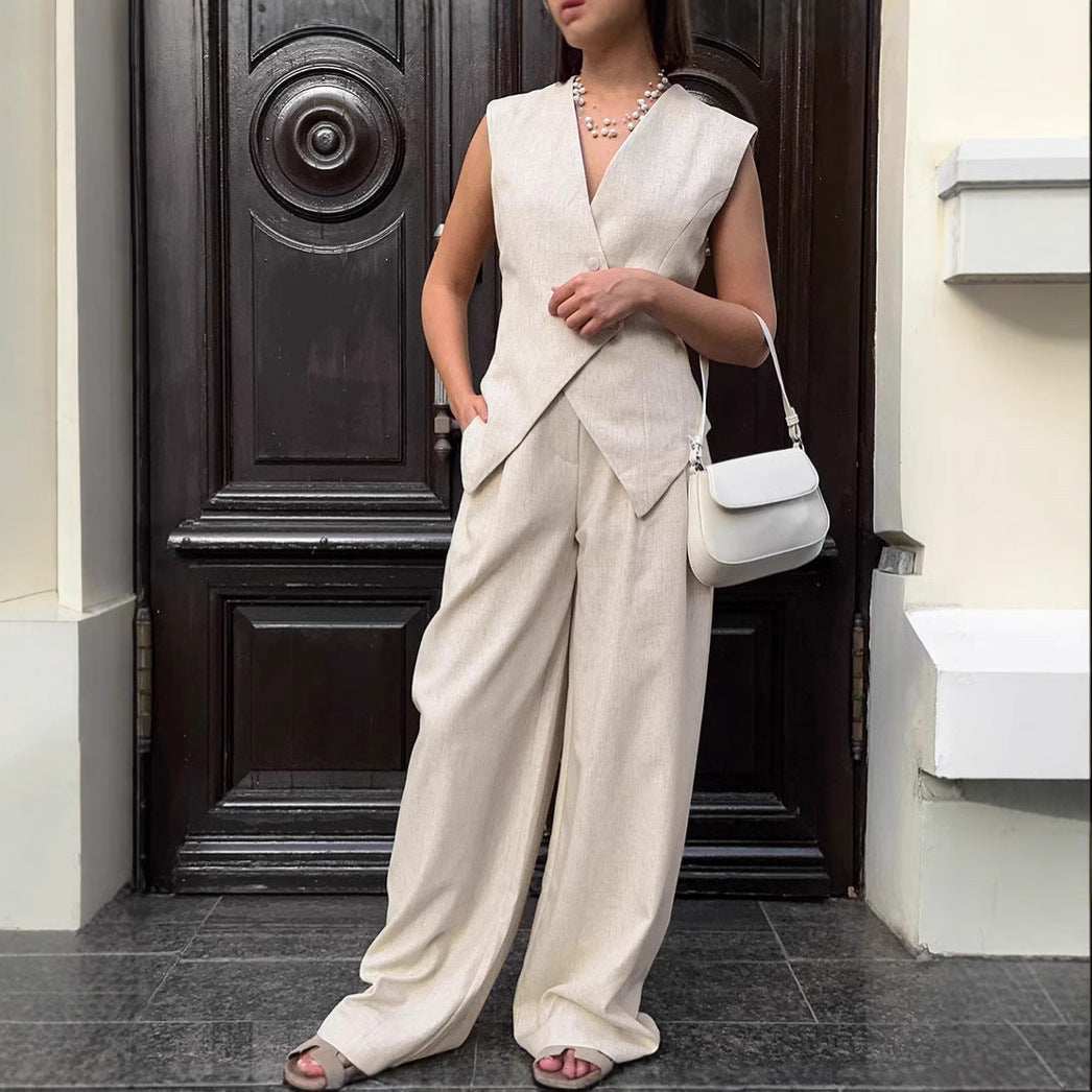 Women's Two-piece Cotton And Linen Wide-leg Pants